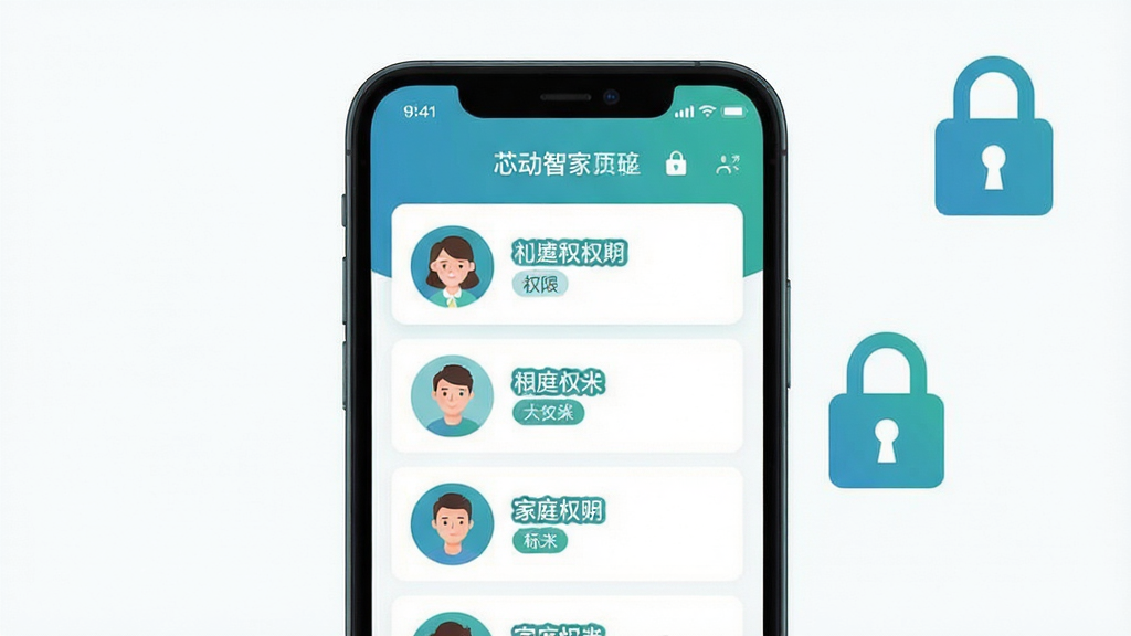 画面主体为一部手机展示芯动智家成员管理页面,屏幕中列出多个家庭成员头像及对应权限标签,旁边以一个简洁的锁形图标象征权限控制,布局为手机居中、锁形图标位于右上角作为点缀,风格为清新扁平化设计风,配色以蓝绿与白色为主,细节突出头像圆角与权限标签的清晰可读,画质干净明亮,背景无多余元素