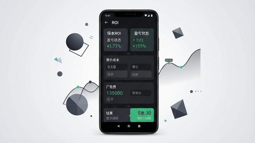一张展示ROI计算器手机应用界面的产品图,画面中央是一部竖屏安卓手机,屏幕内显示深色主题的ROI计算器主界面,上方有保本ROI与盈亏状态卡片,中部为售价成本广告费输入框,底部为结果展示区,手机周围有简洁的几何图形与数据曲线装饰,背景为浅灰渐变,整体风格干净商务,细节清晰,画质高清,无多余元素