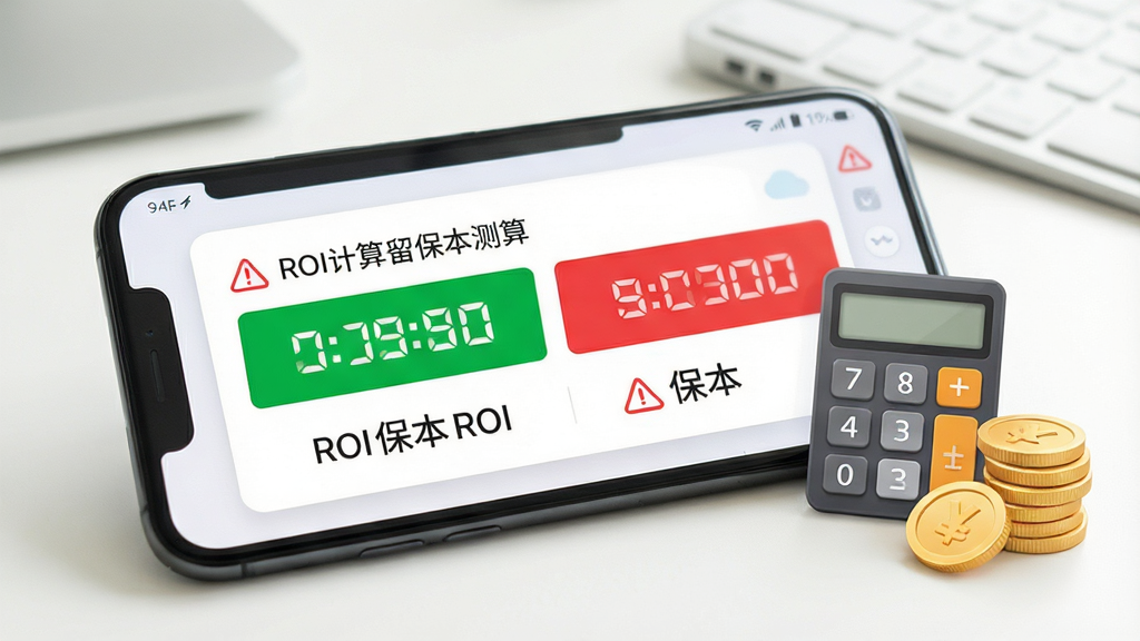 一张展示ROI计算器保本测算功能的画面,手机屏幕显示保本ROI计算结果卡片,绿色数字与红色警示标识对比鲜明,旁边配有计算器图标与金币元素,背景为浅色办公桌面,风格简洁明快,画质清晰,无多余装饰