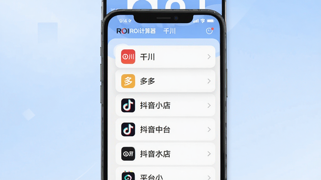 一张展示ROI计算器多平台模板切换界面的图片,手机屏幕内列出千川、多多、抖音小店等平台选项卡,每个选项卡配有小图标,界面排版整齐,配色清爽,背景为浅蓝渐变,风格现代简约,画质高清,干净无杂乱元素