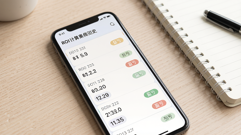 一张展示ROI计算器历史记录列表的图片,手机屏幕内显示按日期排列的测算记录条目,每条包含ROI数值与盈亏标签,界面排版清晰,配色柔和,背景为浅色桌面与笔记本,风格生活化,画质高清,干净整洁