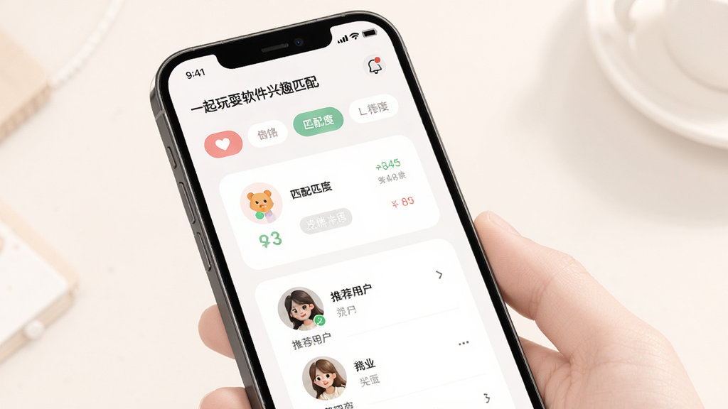 һ����ˣ������Ȥƥ��ҳ�棬����Ϊ�ֻ���Ļչʾ��ǩѡ�����Ƽ��б������ֿ�Ƭʽ���У��Ű�����������ͣ�ϸ�ڰ�����Ȥͼ�ꡢƥ��ȱ�ʶ���Ƽ��û�ͷ�񣬻��ʸ��壬�ɾ����޶���Ԫ��