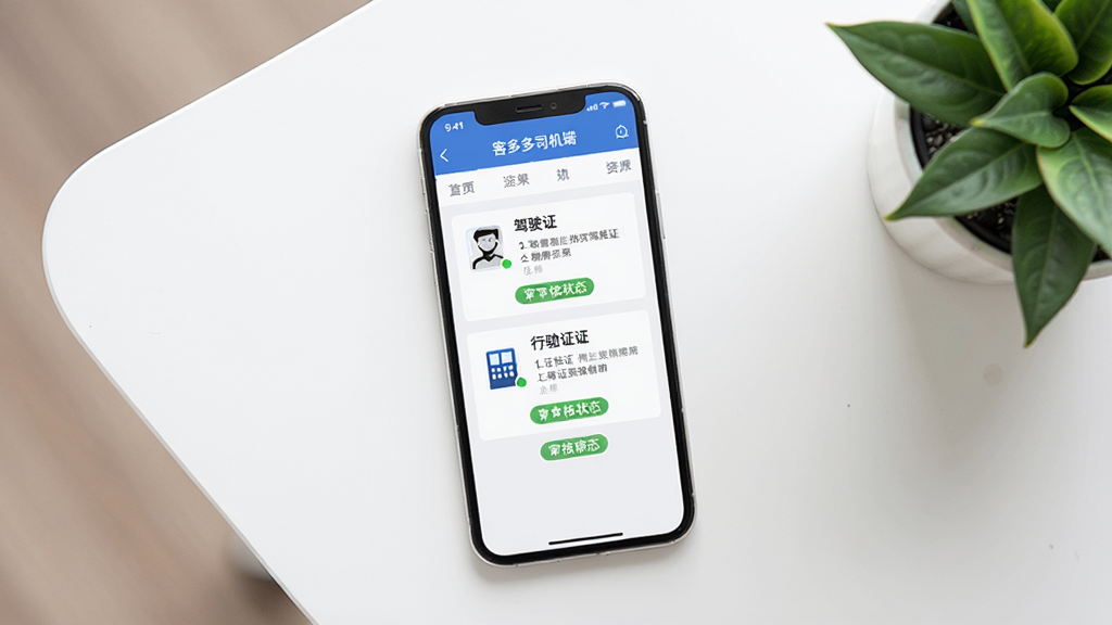 一张表现证件资料上传界面的图片,画面主体是一部手机,屏幕上显示