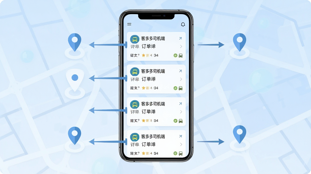一张表现智能派单流程的示意图,画面中央是一部手机屏幕,屏幕上以卡片形式排列多个