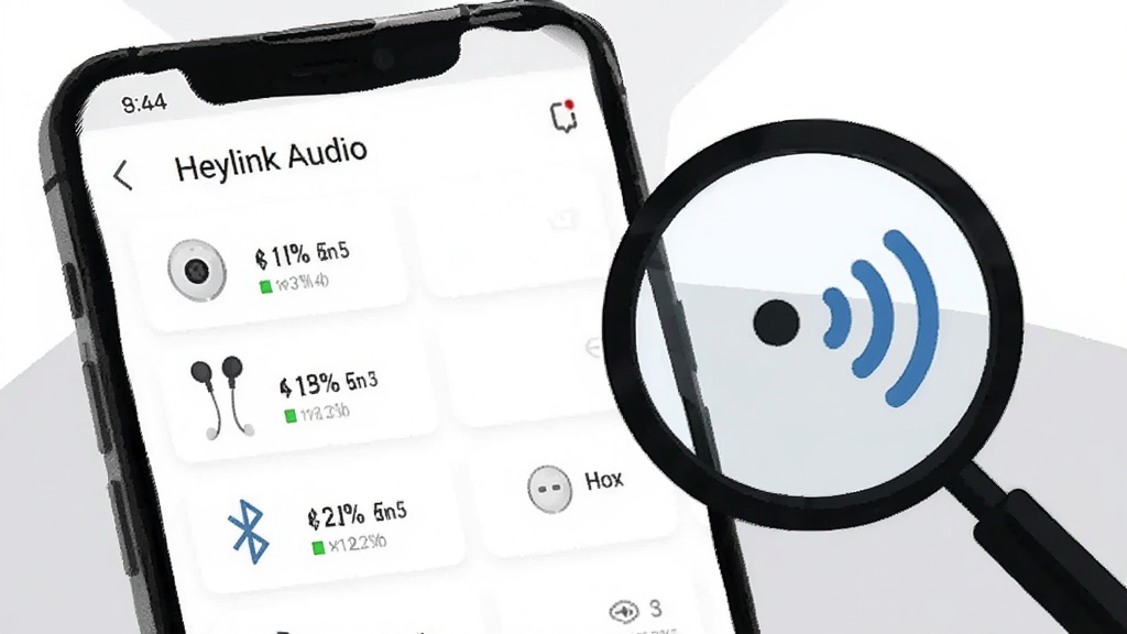 һ���ֻ���Ļ��ʾ��Heylink Audio���豸�б�ҳ�棬�б������ж����������ͼ�꼰�����ٷֱȣ������Ҳ��зŴ󾵺��źŲ���Ԫ�أ�����Ϊ��ɫ��ǳ��ɫ��ƴ�ӣ�����Ϊ���ҷ��������Ϊ��Լ����廭��ϸ�����������ʸɾ�����