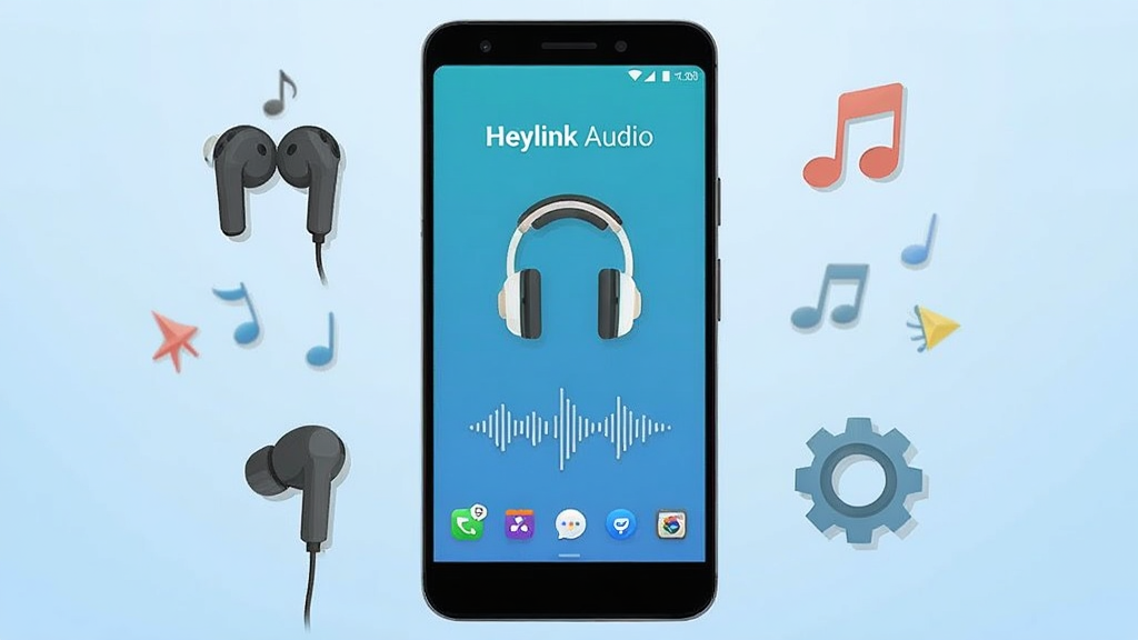 �����������һ����׿�ֻ����ֻ���Ļ��ʾ��Heylink Audio��Ӧ�������棬�������ж���ͼ�����Ƶ����Ԫ�أ��ֻ���Χ������������������ͼ������ó��֣�����Ϊǳ��ɫ���䣬���ּ����У����Ϊ��ƽ���Ƽ��廭��ϸ�ڸɾ����������ʸ��壬�޶���Ԫ��