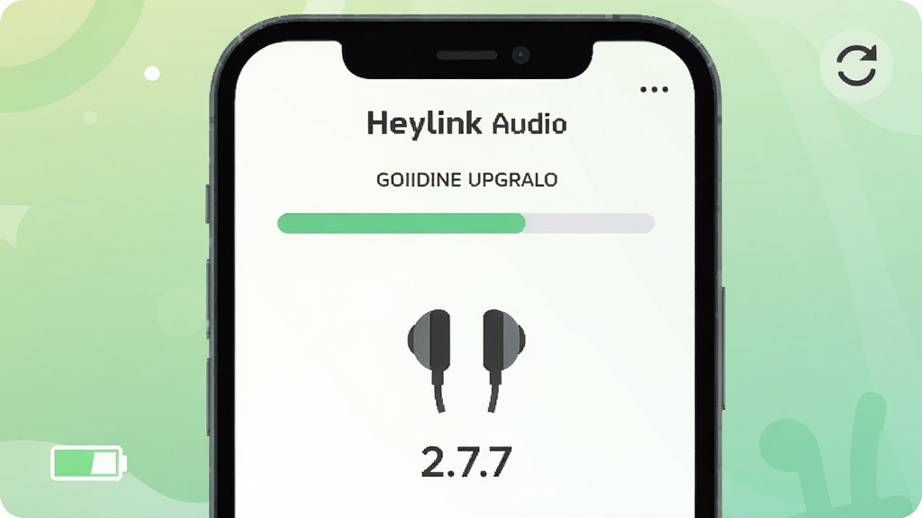 �ֻ���Ļ��ʾ��Heylink Audio���̼��������棬�������н�����������ͼ��Ͱ汾�����֡�2.7.7�����������½��е��ͼ�꣬���Ͻ���ˢ�¼�ͷ������Ϊǳ��ɫ���䣬�������½ṹ�����Ϊ���±�ƽ�廭��ϸ�ڸɾ������ʸ���