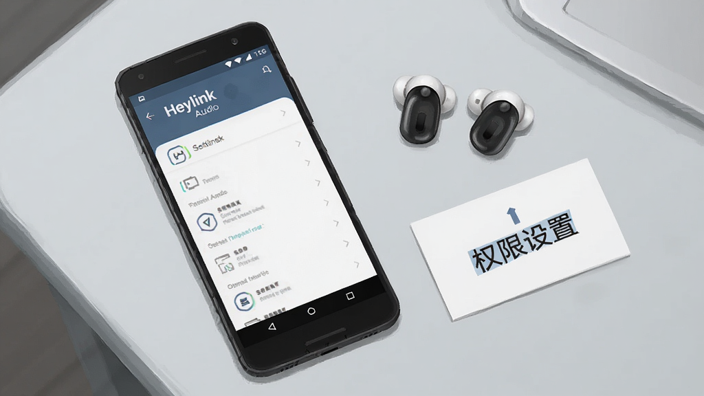 һ����׿�ֻ������������ϣ���Ļ��ʾ��Heylink Audio������ҳ�棬�ֻ��Ա�������������һ��д�С�Ȩ�����á�����ʾ��Ƭ������Ϊǳ��ɫ���棬����Ϊ�����ӽǣ����Ϊдʵ��Ʒ�廭��ϸ�����������ʸ��壬����ɾ��޶���Ԫ��