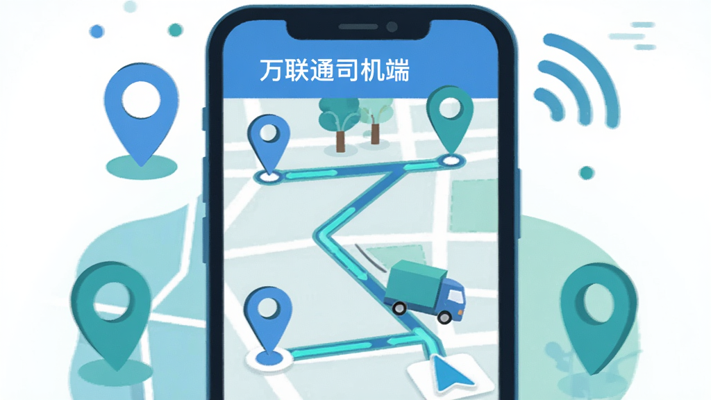手机屏幕内显示地图导航界面,地图上有起点与终点标记,一条高亮路线贯穿画面,路线旁有货车图标沿路行驶;手机周围环绕定位图钉与信号波纹元素;风格为现代扁平插画,蓝绿配色,构图简洁,画质清晰,无多余元素,图中出现文字“万联通司机端”