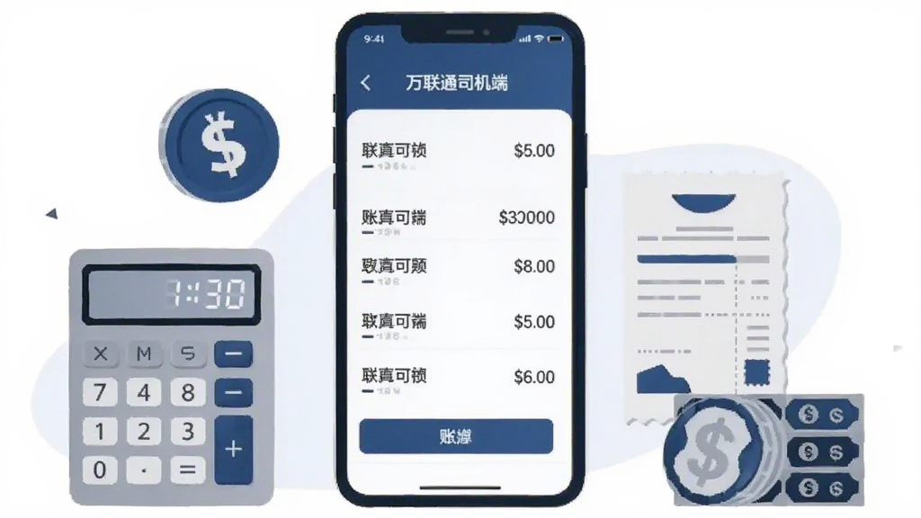 画面中央是一部手机,屏幕显示账单列表与金额数字,手机旁边放置计算器、票据与钱币图标,整体布局左右平衡;风格为简约商务插画,深蓝与浅灰配色,细节干净,画质清晰,背景无杂乱元素,图中出现文字“万联通司机端”