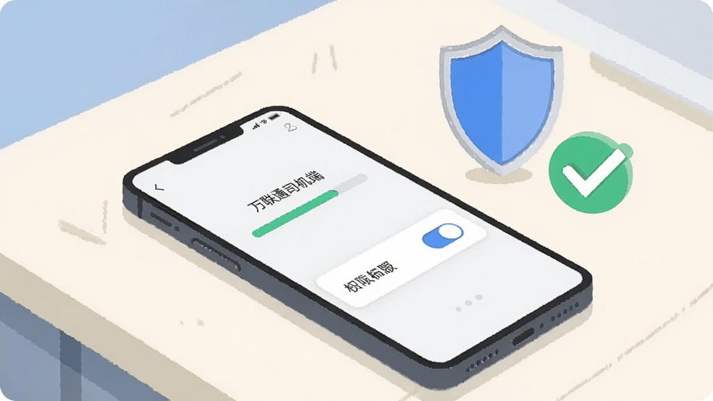 一部手机平放在桌面上,屏幕显示应用安装进度条与权限开关界面,手机旁边放置盾牌图标与对勾标识,背景为浅色桌面;风格为简洁扁平插画,蓝白灰配色,构图居中,细节干净,画质清晰,图中出现文字“万联通司机端”