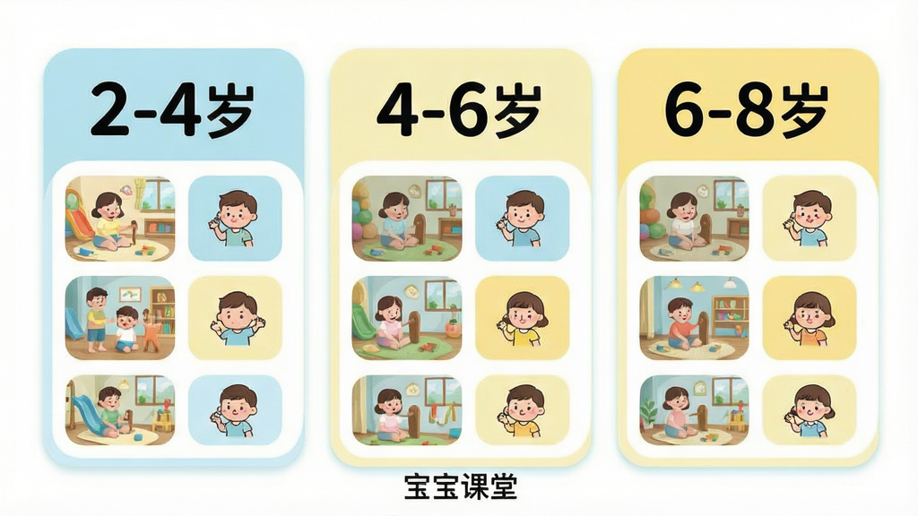 一张展示分龄课程体系的界面图,画面主体为三块并排的竖向卡片,分别标注“2-4岁”“4-6岁”“6-8岁”,每块卡片内陈列不同的课程缩略图与卡通图标,布局为横向三等分排列,风格为清新浅色扁平风,细节包含年龄数字放大处理、课程卡片圆角、浅蓝与浅黄配色,画质干净清晰,画面中文字为“宝宝课堂”,无多余装饰元素