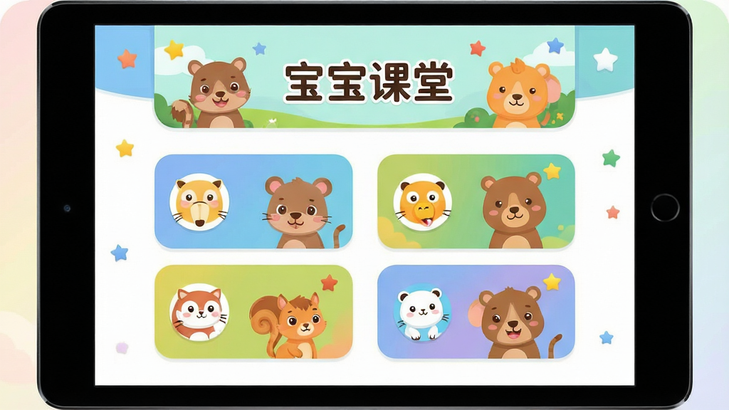 一张儿童启蒙教育应用的整体界面展示图,画面主体是一台横放的平板电脑,屏幕上呈现色彩明快的课程卡片与卡通动物形象,布局为上方横幅加下方四宫格课程入口,排版整齐留白充足,风格为扁平化卡通插画风,细节包含圆角图标、柔和渐变背景、小星星装饰,画质清晰干净,画面中文字为“宝宝课堂”,无多余元素