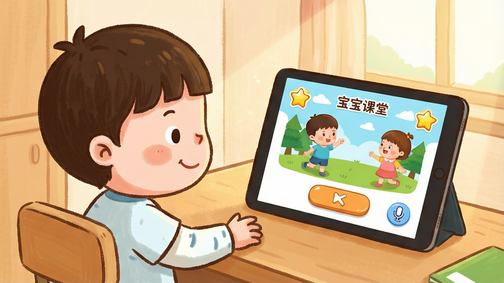 一张儿童正在使用应用学习的场景图,画面主体是一个卡通小朋友坐在书桌前,面前平板上显示动画课程画面与互动答题按钮,布局为人物居左、屏幕内容居右,风格为温暖手绘插画风,细节包含星星奖励图标、录音麦克风按钮、柔和室内光线,画质清晰干净,画面中文字为“宝宝课堂”,无多余元素