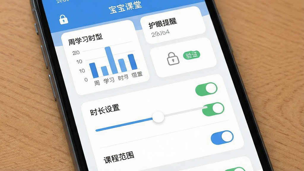 一张家长管控功能界面展示图,画面主体为手机屏幕上的家长中心页面,布局为上方数据概览卡片加下方时长设置滑块与课程范围开关,风格为简约商务扁平风,细节包含周学习时长柱状图、护眼提醒开关、验证锁图标,画质清晰干净,画面中文字为“宝宝课堂”,无多余元素