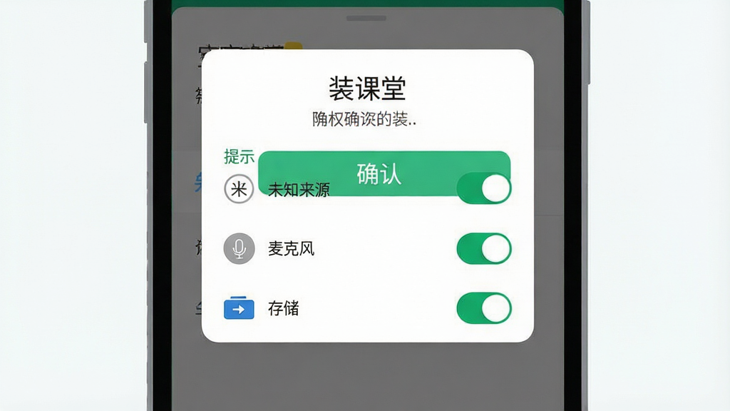 一张手机安装应用时的权限设置界面示意图,画面主体为手机屏幕上的安装确认弹窗与权限开关列表,布局为上方提示文字加下方开关行排列,风格为简约扁平风,细节包含“未知来源”“麦克风”“存储”权限开关图标、确认按钮高亮,画质清晰干净,画面中文字为“宝宝课堂”,无多余元素
