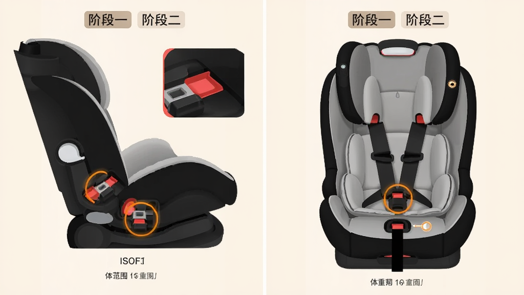 �����Ϊ���������������飬���չʾ����װ������ʾ��ͼ������ISOFIX�ӿ���д���Ҳ�չʾ����װ������ʾ��ͼ�������������̶����ע������Ϊ���ҶԳƵĶԱ�ʽ�Ű棬���Ϊ��Ϣͼ��ʽ�廭��ǳ��ɫ������ϸ�ڰ���ÿ�����鶥����