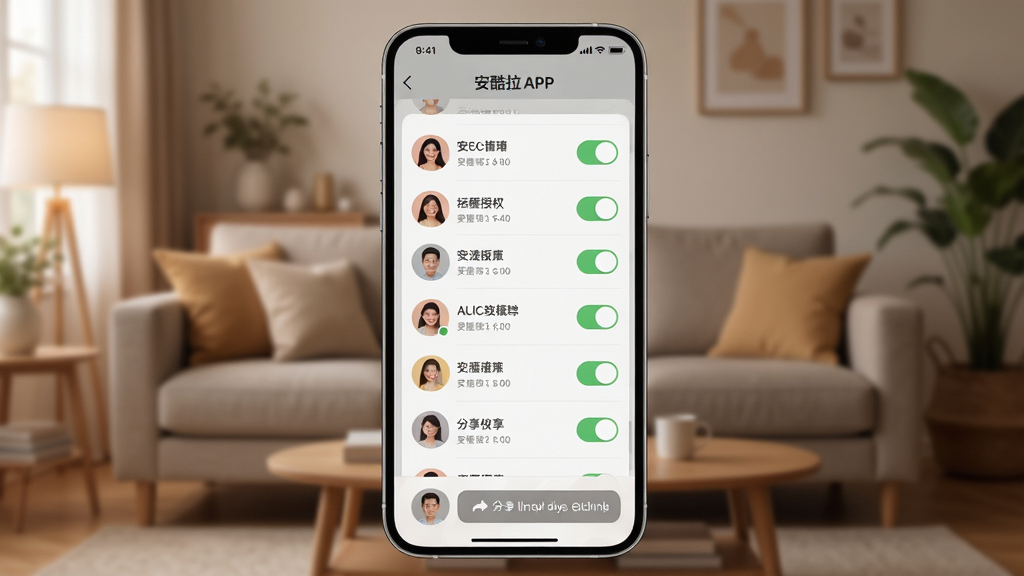 画面主体是安酷拉APP用户授权管理界面,屏幕显示多个用户头像与权限开关;布局为手机居中,背景是家庭客厅虚化环境;排版突出授权列表;风格为温馨生活科技风,暖灰调;细节有家庭成员图标、权限切换按钮、分享链接标识;画质高清,画面干净,无多余元素