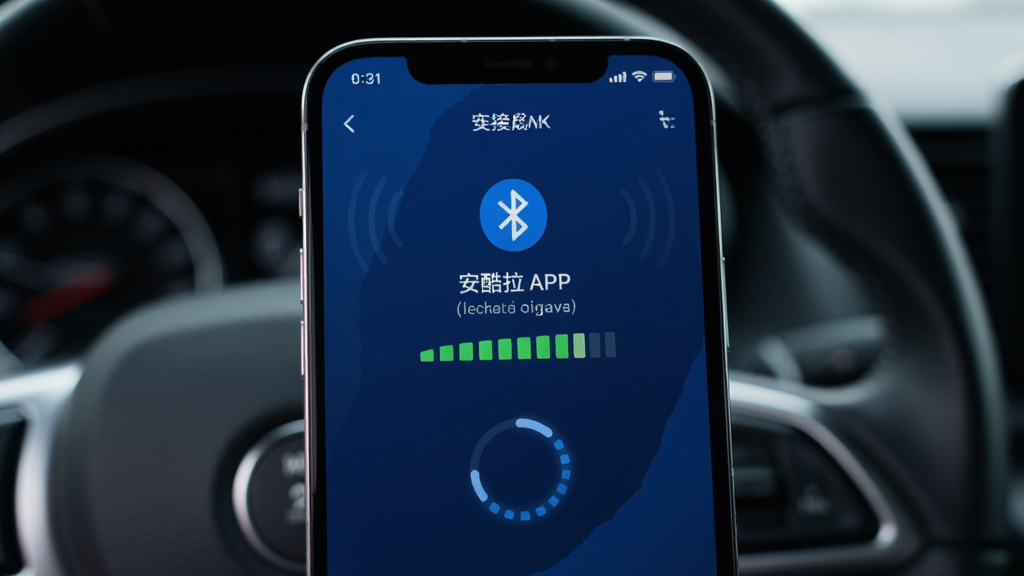 画面主体是安酷拉APP蓝牙连接状态界面,屏幕显示连接成功提示与信号强度条;布局为手机特写,背景是汽车方向盘虚化;排版以屏幕提示为中心;风格为科技感特写摄影,深蓝色调;细节有蓝牙图标、信号波纹、加载进度环;画质清晰,画面干净,无多余元素