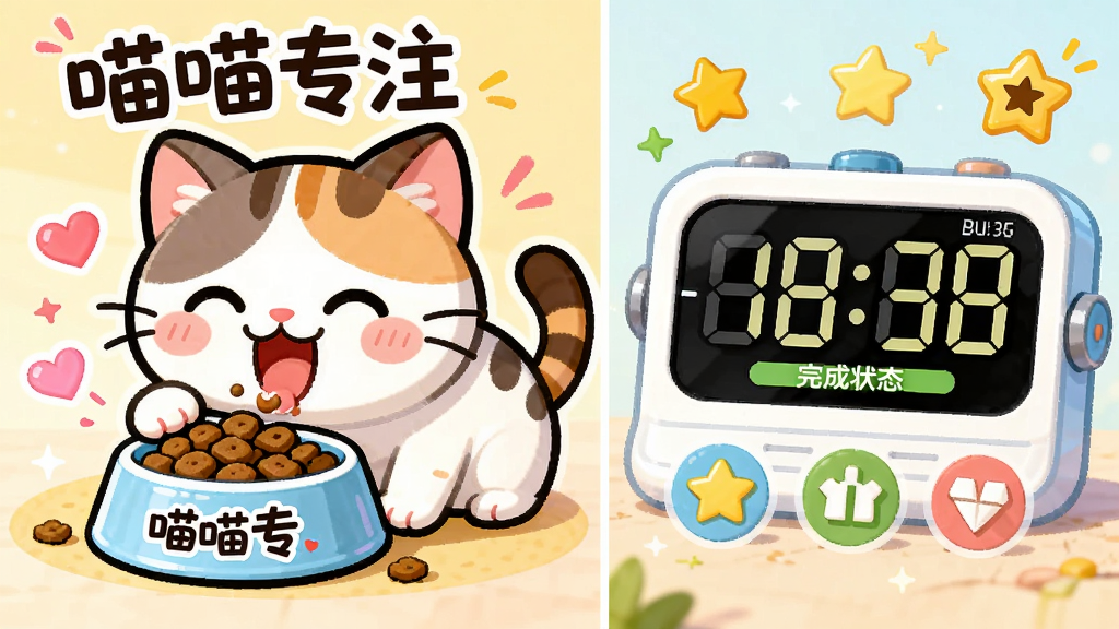 ����������һֻ��ͨè�����ڿ��ĵس�è�����Ա���רע��ʱ����ʾ���״̬������Ϊ���ҷ��������è���ʳ���Ҳ��ʱ���뽱��ͼ�꣬�Ű�����鶯�����Ϊ���¿�ͨ�廭��ϸ�ڰ���è���롢������Ч�����ǽ������ţ����������ɾ��������б�ע���֡�����רע�����޶���Ԫ��