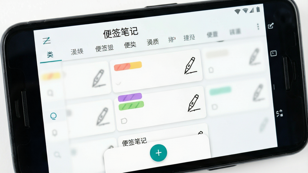 ����������һ����׿�ֻ���Ļ����Ļ����չʾ����ǩ�ʼǡ�Ӧ�������棬���沼��Ϊ���������ǩ���в���ǩ��Ƭ�б����ײ��������Ӱ�ť���Ű��������򣬷��Ϊ����ǳɫ��ƽ����ƣ�ϸ�ڰ�����ǩ��Ƭ�ϴ��в�ɫ��ǩ������д�ʼ�ͼ�꣬���ʸ��壬�ɾ����޶���Ԫ��