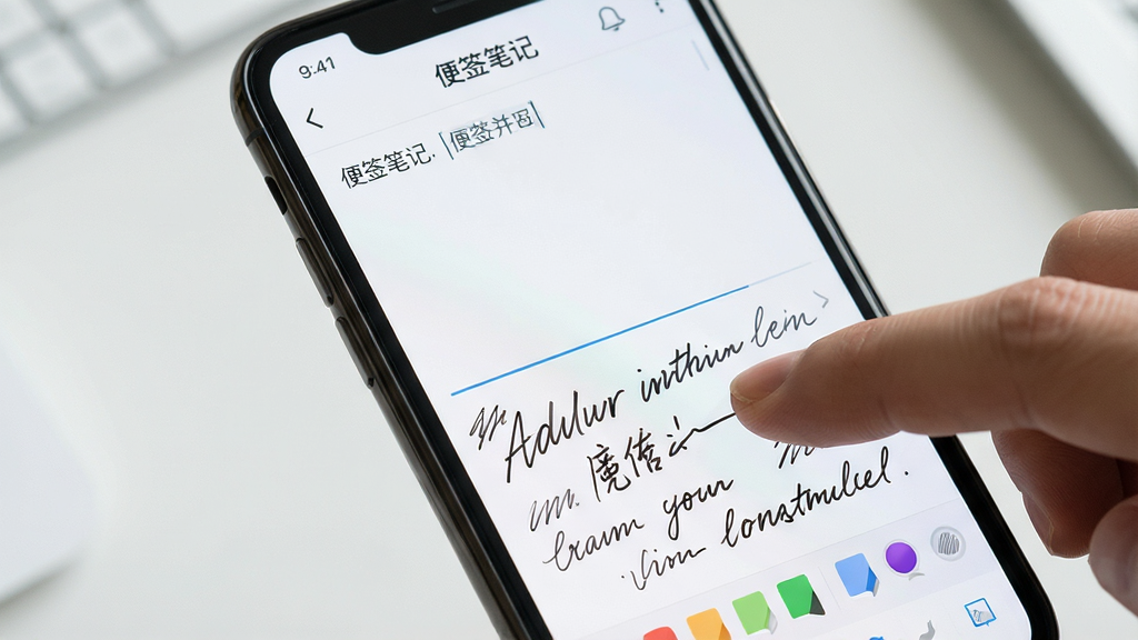����������һ���ֻ���д����Ļ��ʾ����ǩ�ʼǡ��༭���棬�ϰ벿��Ϊ�������������°벿��Ϊ��дͿѻ�����������·��������Ϊ�ִ���Լǳɫϵ��ϸ�ڰ�����ָ������Ļ�ϻ��ߵĶ���ʾ��Ͳ�ɫ���ʹ������������������ɾ����޶���Ԫ��