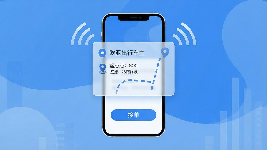 画面主体为一部竖屏手机,屏幕中央弹出半透明订单卡片,卡片上标注“欧亚出行车主”与起点终点信息,周围环绕放射状信号线条;布局为手机居中、卡片浮于屏幕上方;排版简洁居中;风格为科技感扁平插画,蓝白配色;细节包含定位图标、路线虚线、接单按钮;画质清晰,干净利落,无多余元素。