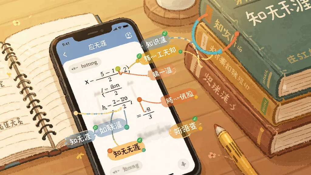 知无涯应用内的知识点关联界面特写,手机屏幕显示一道数学题与多个知识点标签连线,旁边有笔记本和几本教材堆叠,桌面环境温馨,采用柔和的手绘风格,色彩温暖,细节丰富,画质细腻,画面干净