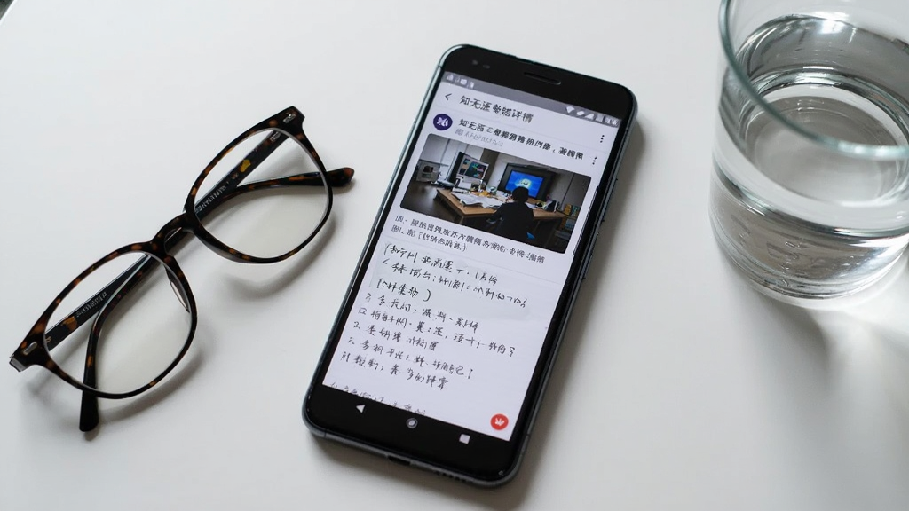 一部安卓手机屏幕显示知无涯的错题详情页面,页面中包含题目图片与手写备注区域,手机旁放置一副眼镜与一杯水,桌面整洁,采用写实摄影风格,自然光照射,画面层次分明,画质清晰,干净无杂物