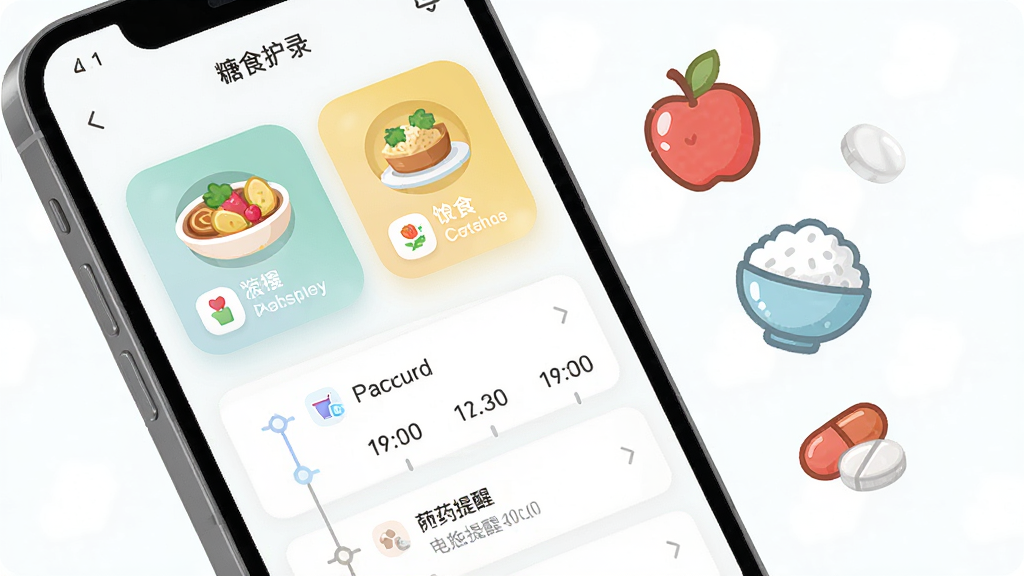 ��������Ϊ�ֻ�����չʾ�ǻ�ʿӦ���е���ʳ��¼ҳ�棬��Ļ��������ʳ��ͼ�꿨Ƭ����ҩ����ʱ���᣻�ֻ��Ҳ�Ư����ƻ�����׷���ҩƬ��Сͼ�ꣻ����Ϊ����ƽ�⹹ͼ�����Ϊ��������廭�磻ϸ�ڰ�����ƬԲ�ǡ�ͼ��ɫ��������ʱ����̶����������ʸ��壬�ɾ����޶���Ԫ�أ�ͼƬ�д����֡��ǻ�ʿ��