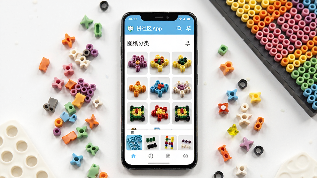 ����Ϊһ����׿�ֻ���Ļ����Ļ����ʾƴ������APP�����棬������չʾ��ɫƴ����Ʒ����ͼ��ͼֽ������Ŀ���ֻ���Χɢ��������ɫ��ƴ��������ƴ���壬����Ϊ�ֻ����С�ƴ�������������ܣ��Ű������������Ϊ����������дʵ��Ʒչʾ�磬ϸ�ڰ���ƴ������������������ĻUI�ľ���ͼ�꣬���ʸ���ɾ��޶���Ԫ��