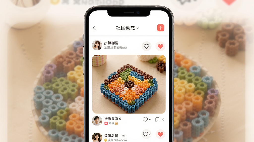����Ϊƴ������APP��������̬ҳ���ͼ����棬ҳ����չʾ�����û��ϴ���ƴ����Ʒ��Ƭ�͵�������ͼ�꣬����Ϊ�ֻ���Ļ����չʾ��ҳ����Ϣ�����ϵ������У��Ű�ͻ���罻����Ԫ�أ����Ϊ��ů���õ�������Χ�磬ϸ�ڰ�����ɫƴ����Ʒ�ͺ�ɫ���ĵ��ް�ť�����ʸ���ɾ��޶���Ԫ��