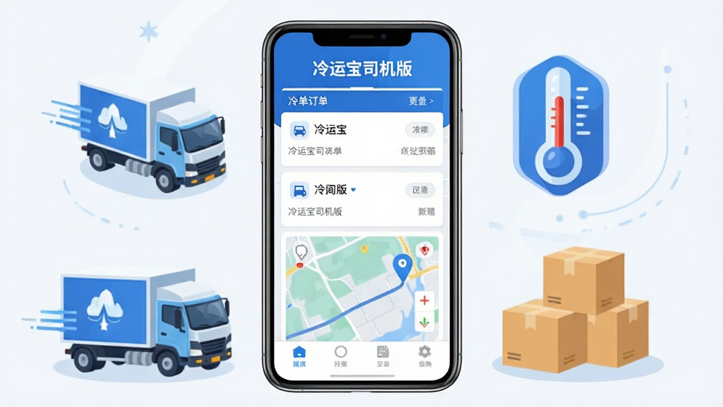 一款名为“冷运宝司机版”的手机应用界面展示图,画面中央是一部竖屏智能手机,屏幕内呈现冷链货运订单列表与地图导航布局,界面主色调为蓝色与白色,顶部显示“冷运宝司机版”文字标题,周围环绕冷藏货车、温度计图标、货物箱等元素,整体采用扁平化科技风格,细节清晰,画质干净,无多余元素