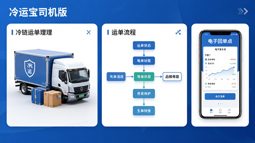 “冷运宝司机版”冷链运单管理功能展示图,画面以横向布局呈现多个信息卡片,左侧为冷藏货车与货物箱组合图形,中间为运单状态流程图,右侧为手机屏幕展示电子回单上传界面,整体风格简洁商务,蓝色系配色,细节丰富,画质清晰,干净无多余元素
