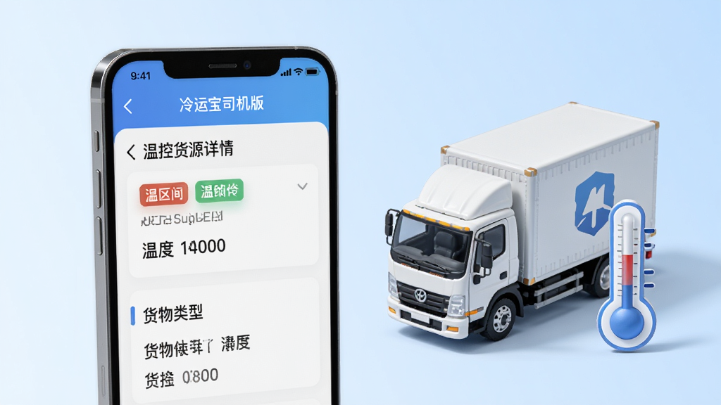 “冷运宝司机版”温控运输场景示意图,画面主体为一部手机展示冷链货源详情页,页面中包含温度区间标签与货物类型说明,手机旁放置冷藏货车模型与温度计图标,背景为浅蓝色渐变,风格清爽现代,细节清晰,画质干净,无多余元素