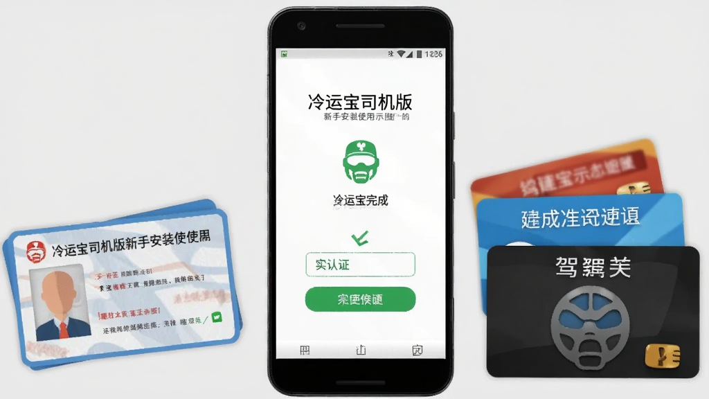 “冷运宝司机版”新手安装使用示意图,画面为一部安卓手机屏幕展示应用安装完成界面与实名认证入口,手机旁边放置身份证、驾驶证等卡片图形,背景简洁浅灰,风格写实清晰,画质干净,无多余元素