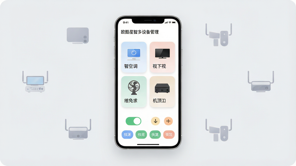 һ��չʾŷ�����ǿض��豸���������ͼƬ������������һ���ֻ�����Ļ�ڳ����ĸ��豸��Ƭ�ֱ��ע�յ������ӡ����ȡ������У���Ƭ�·��п��غͿ�ݰ������ֻ�������ǳ��ɫ�������룬�����е������豸ͼ��װ��Ԫ�أ����Ϊ���¼�Լ��UIչʾ�磬ϸ�ڰ�����ƬԲ����ơ���ɫ��ͣ������������ɾ����޶���Ԫ��