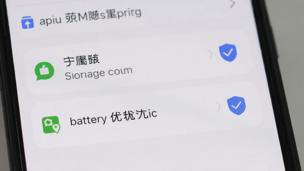 手机屏幕显示应用权限设置界面,界面中有存储权限和电池优化选项,旁边有盾牌图标表示安全设置,背景为浅色,风格简洁清晰,细节干净,无多余元素