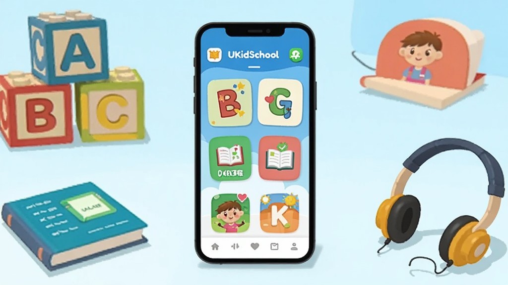 �����������һ�������ֻ�����Ļ��ʾUKidSchoolӦ�������棬���������ͨ��ĸ��Ƭ��Ӣ��γ�ͼ�꣬�ֻ���Χ���Ʋ�ɫ��ĸ��ľ��С�鱾�Ͷ�����ѧϰԪ�أ�����Ϊǳ��ɫ���䣬������ñ�ƽ�廭���ϸ�����������ʸɾ��������޶���Ԫ��