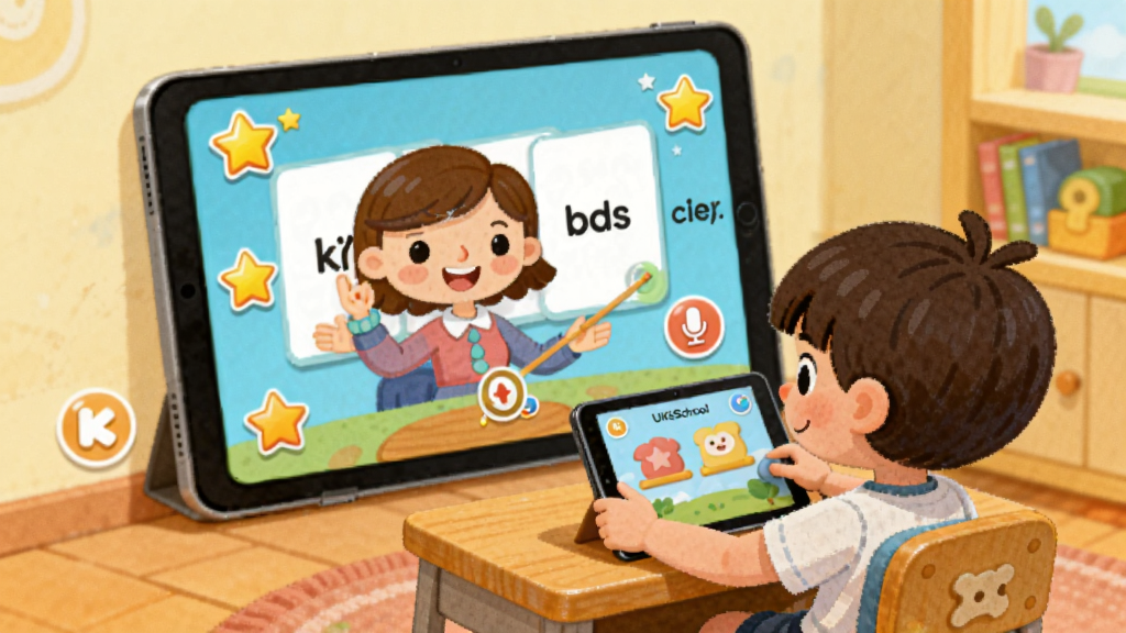 ����չʾUKidSchoolӦ���ڵĻ�����ϰ��������Ļ����Ϊ��ͨ��ʦ������Ӣ�ﵥ�ʿ�Ƭ����Χ�ֲ����ǽ���ͼ�����˷簴ť��������������ǰʹ��ƽ����ԣ����������ů�����Ĳ廭��񣬲������Ҿ��⣬ϸ�ڷḻ�����������ɾ�