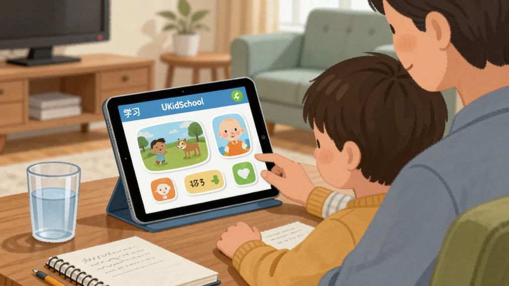 ����չʾ�ҳ��뺢��һ��ʹ��UKidSchoolѧϰӢ��ĳ�����ƽ�������Ļ��ʾ�γ̽��棬�����Ϸ���ˮ���ͱʼǱ�������Ϊ��ܰ�ļ�ͥ���������������Ͳ廭��񣬹�ͼ��Ȼ��ϸ����ʵ�����ʸɾ�����