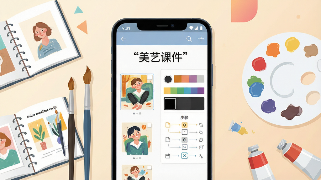 һ�ź����������ͼ��������һ��������׿�ֻ�����Ļ����չʾ���տμ��Ŀμ��༭���棬�����а�����������ͼ����ɫ����벽���ע���ߣ��ֻ����ڷ���֧������һ�������������̰������Ҳ�ڷŵ�ɫ�������Ϲܣ����ֲ�������������ʽ��ͼ���Ű������׳��㣬���Ϊ��ˬ��ƽ���廭��ϸ�����ֻ���Ļ������ʹ�����ű�ע�����տμ���������Ϊǳ��ɫ���䲢��׺��������ɫ�飬����Ϊ����ʸ���ʸУ��ɾ��޶���Ԫ��