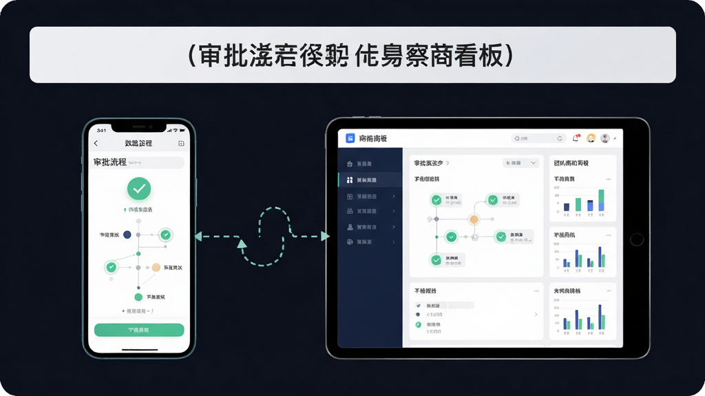 ����ͼչʾ�ֻ���ƽ����̨�豸���ţ��ֻ���ĻΪ��������ҳ�棬ƽ����ĻΪ�Ŷ��̻����壬�豸֮����ǳɫ�������ӱ�ʾ����ͬ��������Ϊ���ҶԳơ��Ϸ���������ռ䣻�Ű湤����ģ�������ȷ�����Ϊ�ִ�����Ƽ��У�ϸ�ڰ����Թ�ͼ�ꡢ���̽ڵ�Բ�㡢������״Сͼ�����ʸ��塢����ɾ����޶���Ԫ��