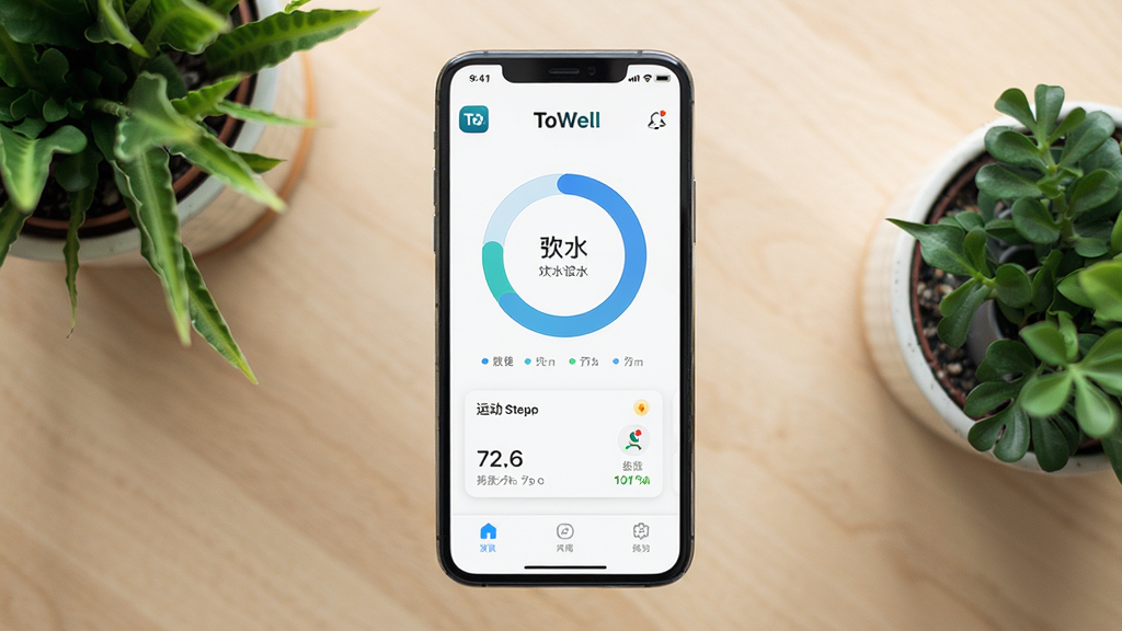 ����Ϊһ�������ֻ�����Ļ��ʾ ToWell Ӧ�������棬������ˮ��¼����ͼ���˶�������Ƭ������Ϊ�����ֻ���д������Ϊǳɫľ����������ֲ��׺���Ű���ͻ����Ļ���ݣ����Ϊ�ִ���ƽ�� UI չʾ�磬ϸ�ڰ���������Ӧ��ͼ��������ͼ�������ʸ��壬����ɾ����޶���Ԫ��