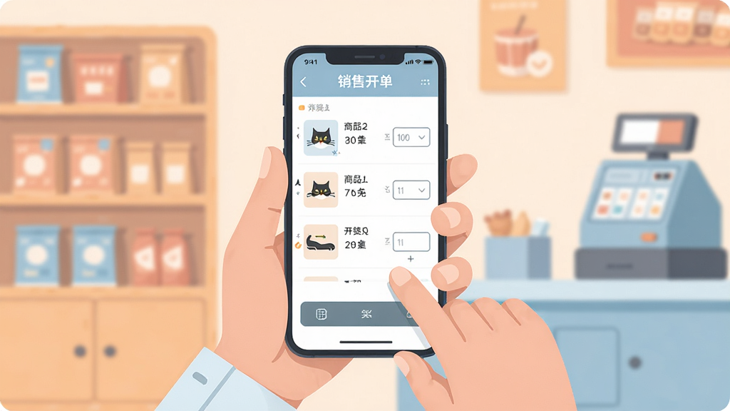 һ�ű�����è���ƶ��������ܵĲ廭����������Ϊһ˫�ֳ��ֻ����ڲ������ۿ������棬��Ļ������չʾ��Ʒ�б�����������򣬱���Ϊ���ĵ��̻������������򣬷��Ϊ�ִ���ƽ�廭��ɫ��������ͣ���ͼ���У�ϸ�ڸɾ�������������������Ԫ��