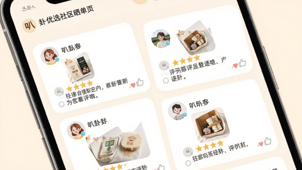 ��������ѡ������ɹ��ҳ��չʾͼ������Ϊ�ֻ���Ļ�ڳ����û�ɹ��ͼ�Ŀ�Ƭ��������Ϊ�����ٲ����Ű棬���Ϊ���Բ�����·磬ϸ�ڰ����û�ͷ����ƷСͼ���Ǽ����֡�����������������ͼ�꣬����������ɫ�����졢�޶���װ�Σ�����Ϊǳ��ɫ