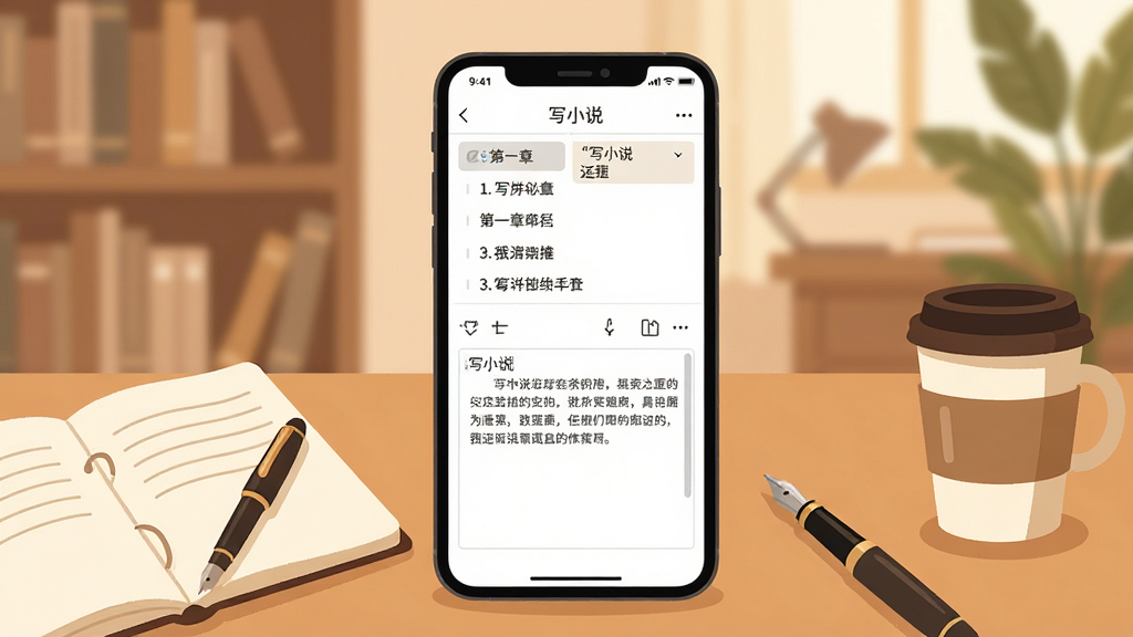 һ��չʾ�ֻ�д�������Ĳ廭������������һ�������ֻ�����Ļ����ʾС˵�༭���棬���½��б����������������ֻ���Χɢ���űʼǱ����ֱʺͿ��ȱ�����������͵��鷿���������Ϊ��ƽ���廭��ɫ����ů��ϸ�ڰ����ֻ���Ļ�ϵ�