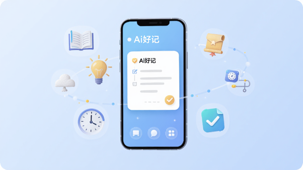 ����������һ�������ֻ�����Ļ������ʾ�ż��ıʼǿ�Ƭ���棬��Χ������Ư���ķ���ͼ�꣬�����鱾�����ݡ�ʱ�Ӻ͹�ѡ��ǣ�������֪ʶ������Ч������������Ϊ��͵�ǳ��ɫ���䣬���Ϊ�ִ���ƽ���Ƽ��廭��ϸ�ڷḻ�����������������ɾ��޶���Ԫ�أ�ͻ����Ai�üǡ������ܼ�¼���⡣