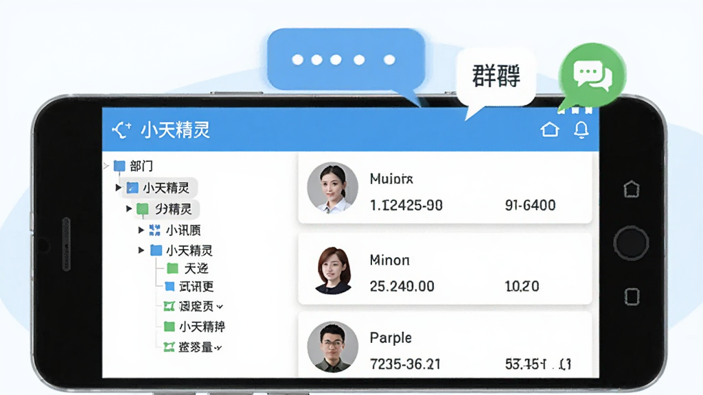 һ����׿�ֻ���ʾ��С�쾫�顱��ҵͨѶ¼���棬���Ϊ���Ų㼶��״�б����Ҳ�Ϊͬ��ͷ������ϵ��ʽ��Ƭ���ֻ��Ϸ�Ư���ŶԻ�������Ⱥ��ͼ�꣬����Ϊ��ɫ��ǳ�����䣬��ƽ�������񣬲������������ʸɾ����޶���Ԫ��