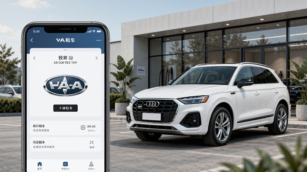 ����Ϊһ����ɫһ���µ�SUVͣ�����ִ����⳵�ŵ�ǰ�����ֲ������ַ���ͼ�����Ϊ�ֻ���Ļչʾһ���⳵APP���棬�Ҳ�Ϊ�ŵ�ʵ�����Ű�����������Ϊдʵ��ҵ��Ӱ��ϸ�ڰ����������⡢����Ļǽ����ֲ��׺������4K���壬����ɾ����޶���Ԫ��